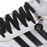 Black E3 Lachet Lastic Lace with tag in white Addidas sneaker, no tie shoe lace