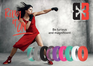 Lady in red dress fighting with E3 silicone ring collection