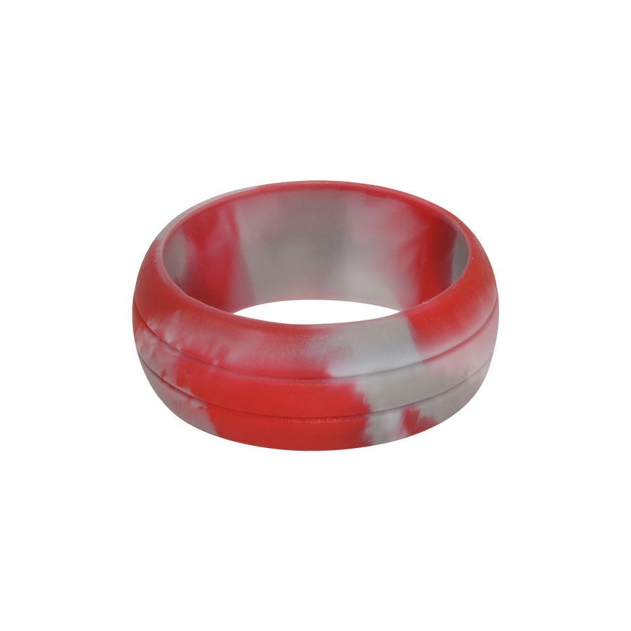 Red Camo E3 Active Silicone Wedding Ring with 2-line design - mixture of red, grey and white