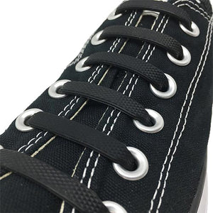 Black E3 Silicone laces in black sneaker, no tie lace