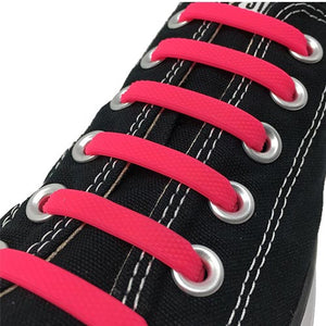 Pink E3 Silicone laces in black sneaker, no tie lace