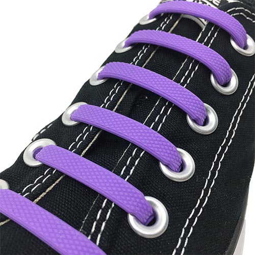 Purple E3 Silicone laces in black sneaker, no tie lace