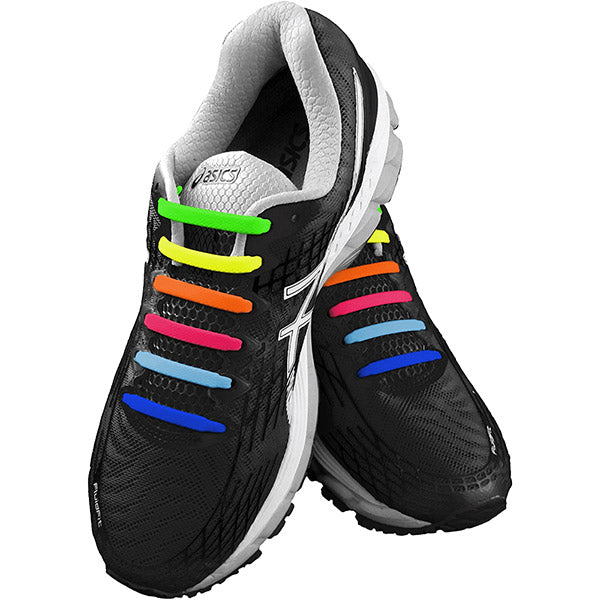 Multi-colour E3 Silicone laces in black shoe, no tie lace