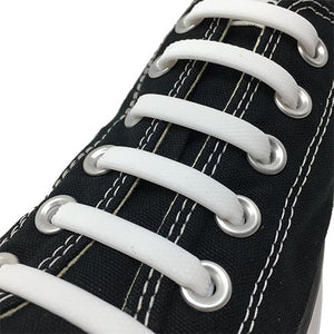 White E3 Silicone laces in black sneaker, no tie lace